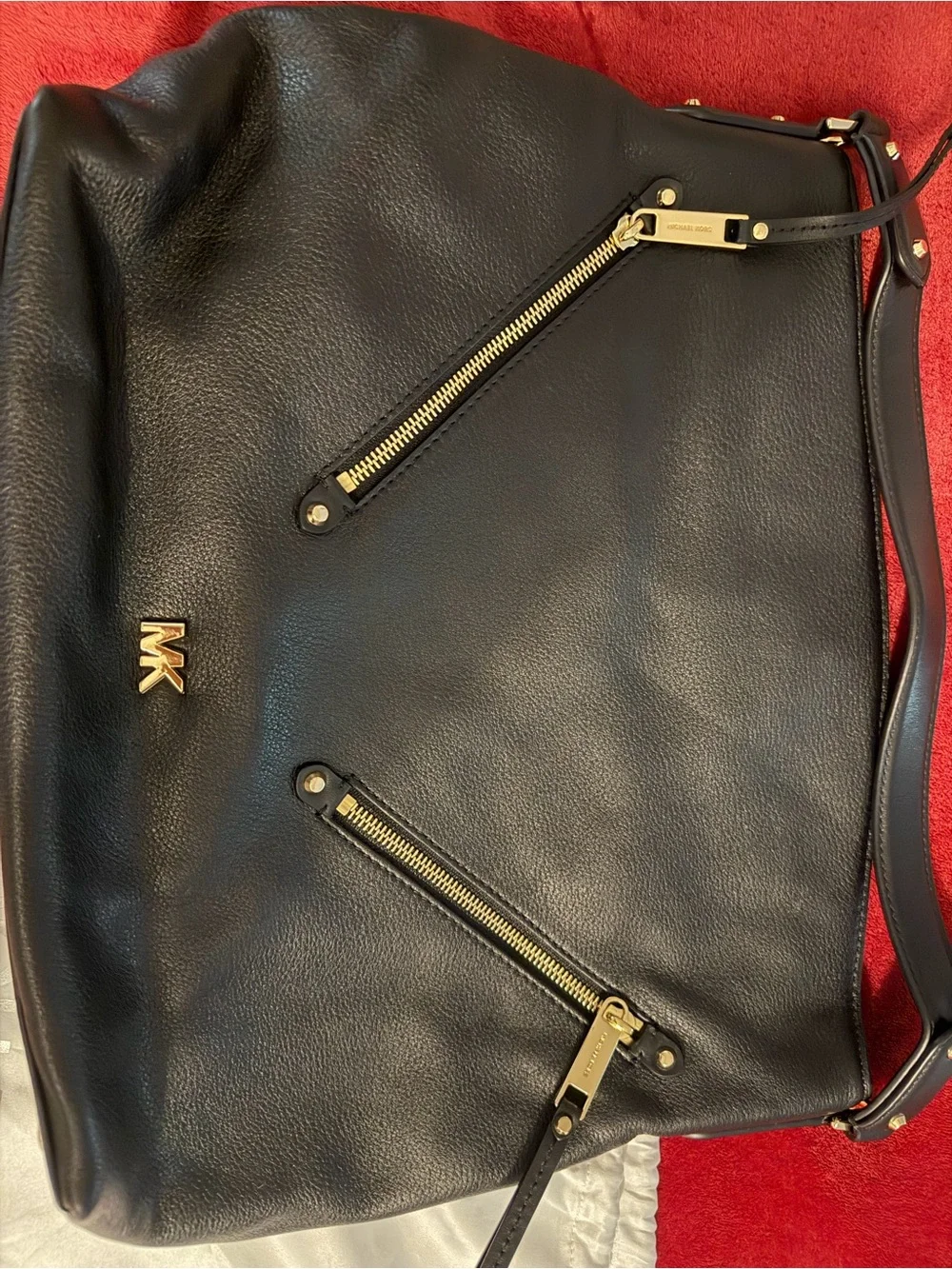 Michael Kors Black Leather Hobo Shoulder Bag with Gold Accents